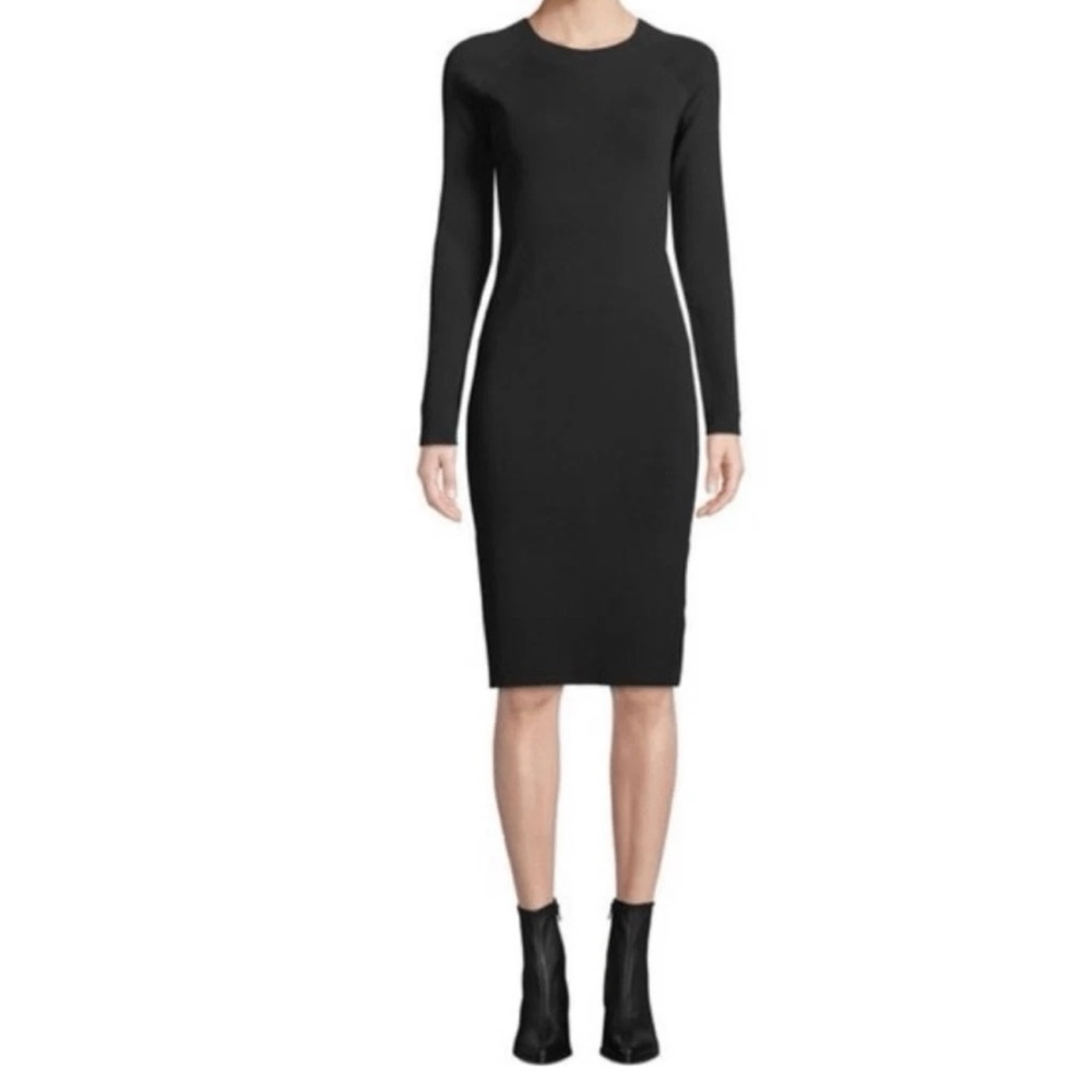 Vince Black Long Sleeve Crew Neck Pullover Knit Bodycon Fitted LBD Dress Sz XS